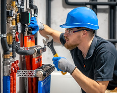 Boiler engineer technician checking heating system boiler room