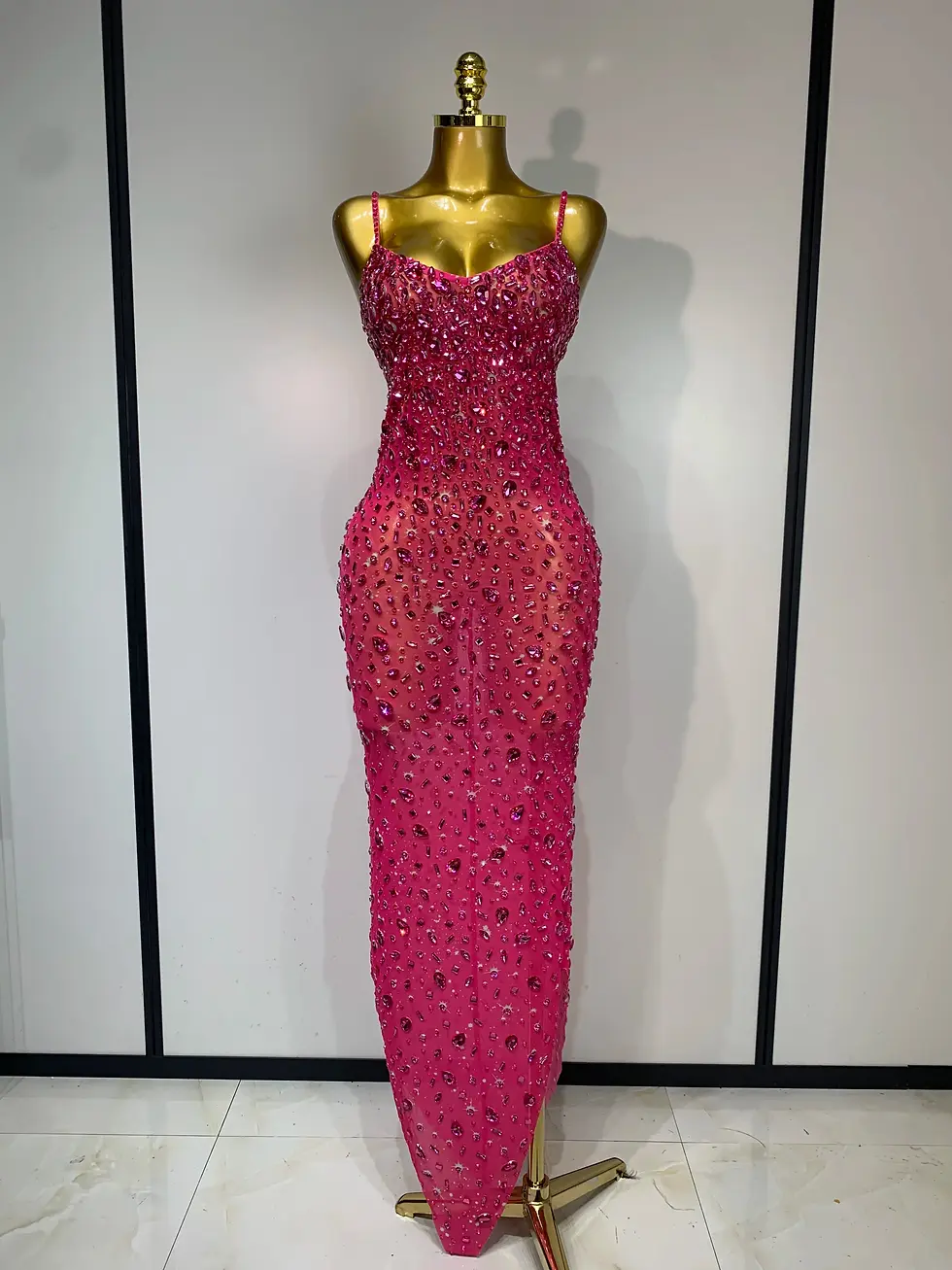 Thumbnail: Luxury Rhinestones Sexy Mesh See Through Bodycon Dress Women Birthday Evening