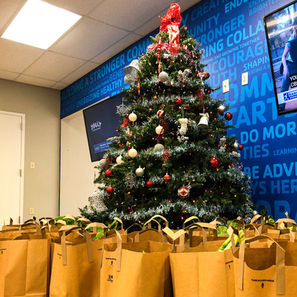 Moorland Family YMCA at Oak Cliff (December 14, 2021B). To be festive, we arranged our produce bags underneath their Christmas tree. 