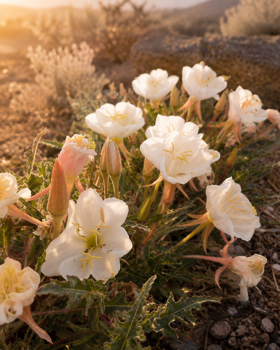 White creamy desert wildflowers blooming in the golden hour sun