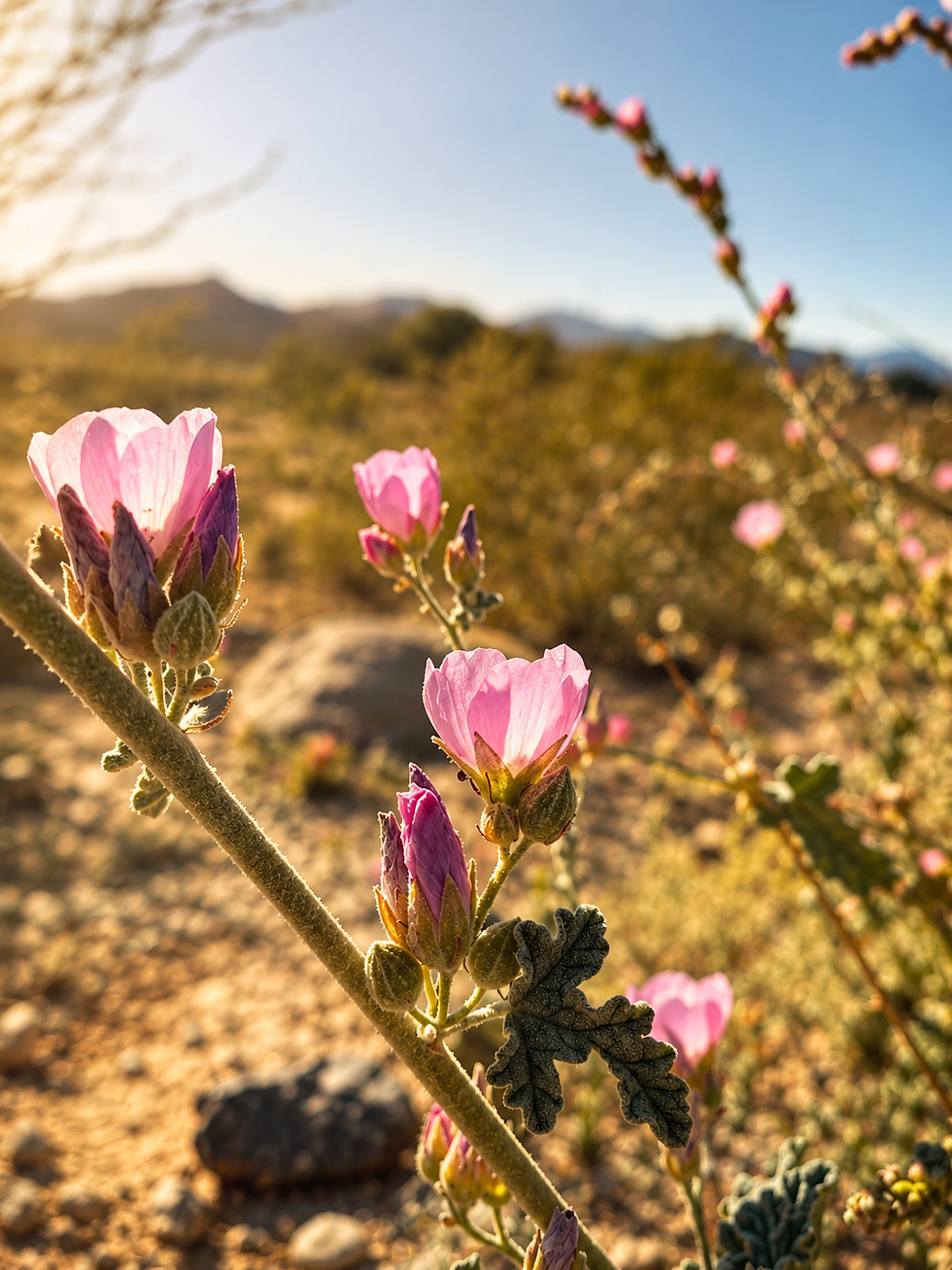pink globe mallow desert plants glowing in the sunlight golden hour