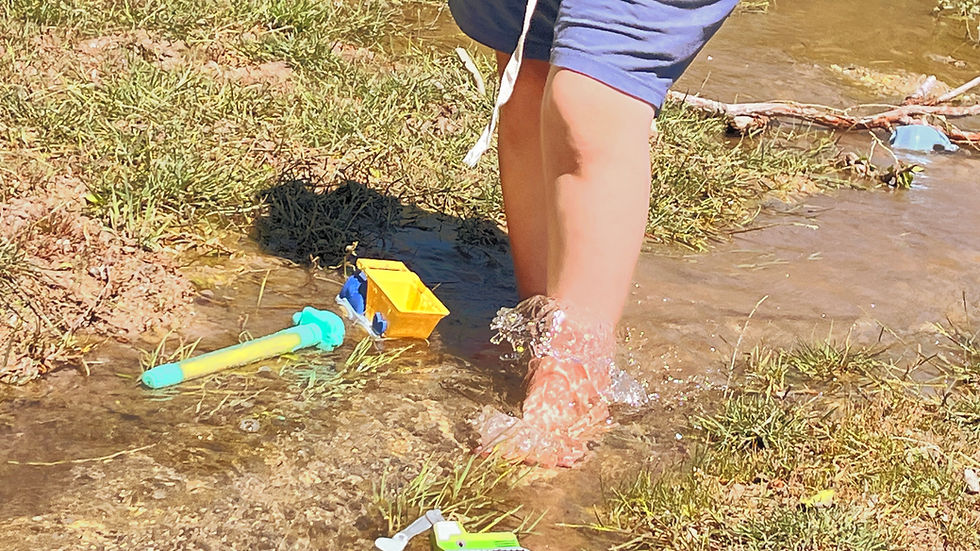 Child playing in shallow desert creek exploring water and sticks