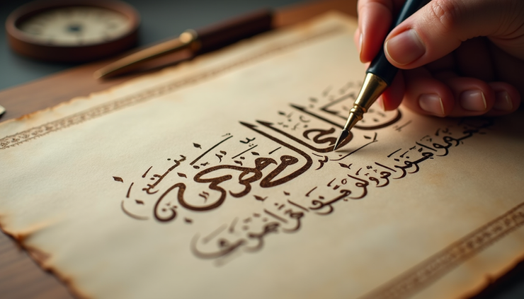Close-up view of a traditional Arabic calligraphy piece on parchment