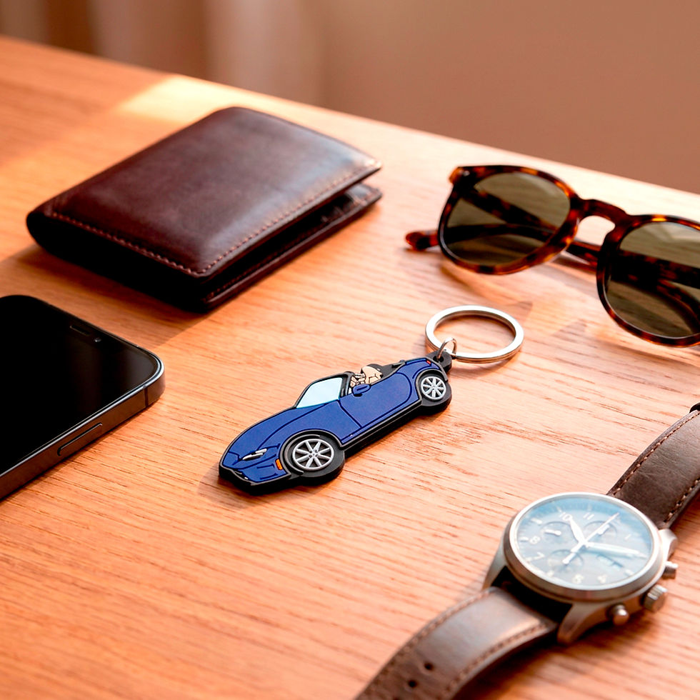 Thumbnail: Custom Mazda Miata PVC keychain featuring a detailed front-view sports car design in durable soft rubber PVC with a silver ke