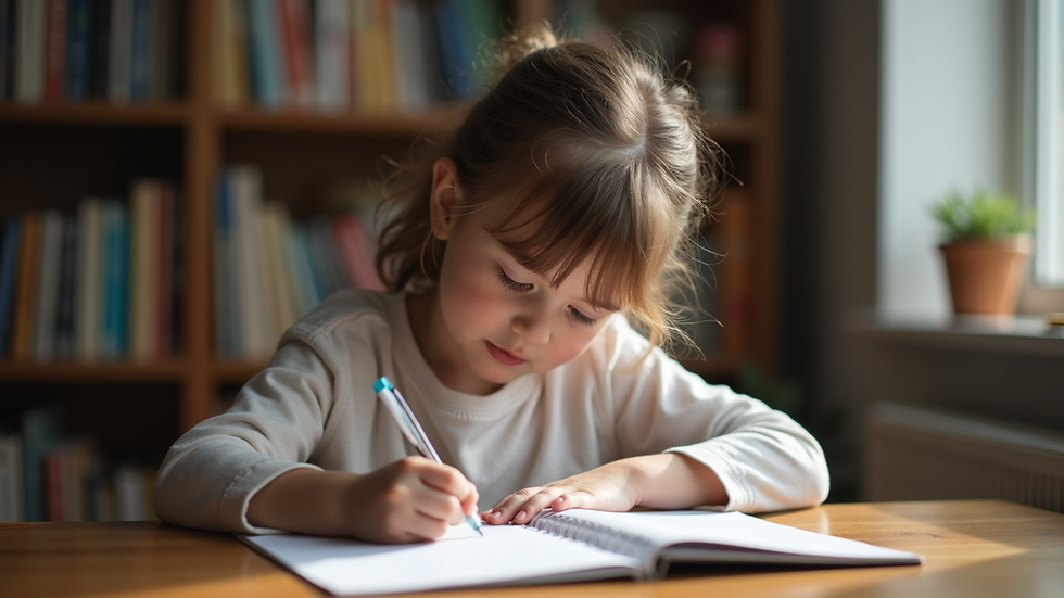 High angle view of a child writing in a journal at a desk