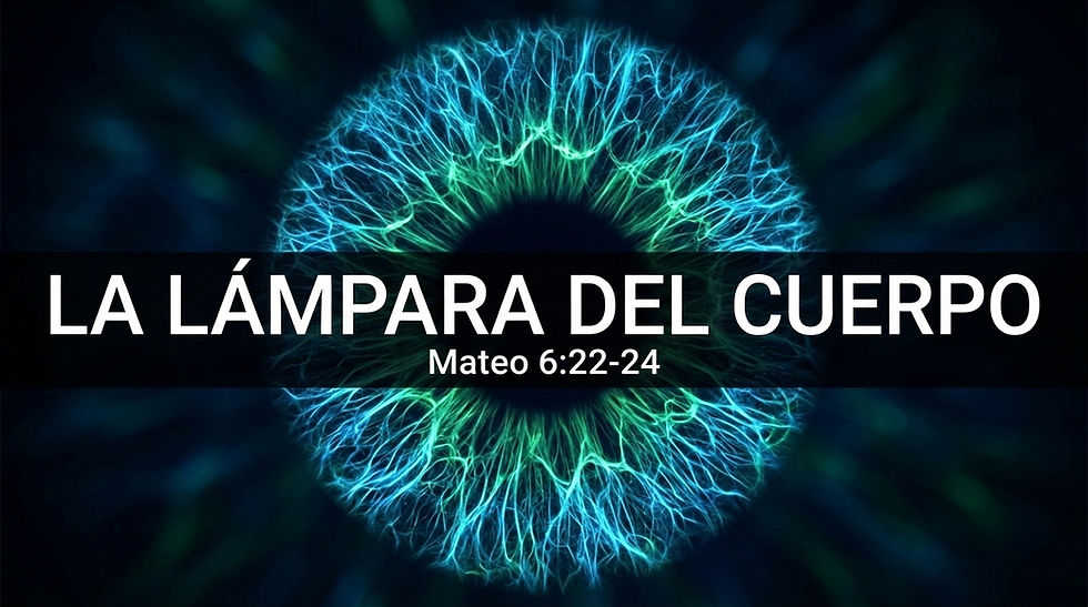 Imagen que muestra la macroestructura de un iris humano en vibrantes tonos cian y verde sobre un fondo oscuro y borroso. Superpuesta en el centro hay una pancarta horizontal negra con el texto en blanco: 'LA LÁMPARA DEL CUERPO' en fuente grande, y debajo, 'Mateo 6:22-24' en fuente más pequeña.