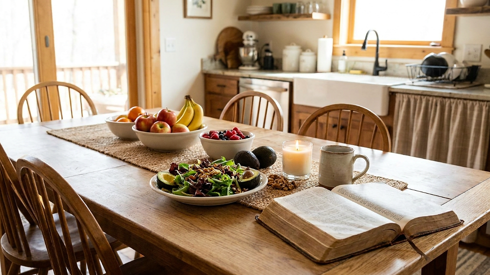 A table set with healthy and natural foods like fruits and vegetables next to an open Bible, representing the balance between faith and nutrition.