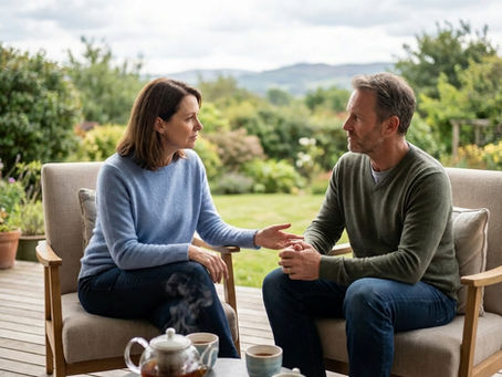 A medium close-up shot of a middle-aged couple, a woman in a light blue sweater and dark jeans, and a man in an olive green sweater and dark jeans, sitting in comfortable armchairs on an outdoor wooden deck. They are facing each other, looking deeply into each other's eyes, engaged in a serious and supportive conversation. The woman has her right hand gently resting on the man's forearm, a supportive gesture. The man has his hands clasped. A small table between them holds a steaming glass teapot and two filled teacups. The background is a vast, lush garden with rolling green hills and trees under a cloudy sky. The overall mood is serious and intimate.