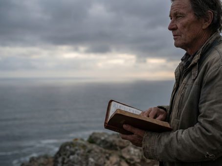 Una persona sosteniendo una Biblia mientras observa un horizonte nublado, representando la búsqueda de dirección y paz en medio de la incertidumbre.