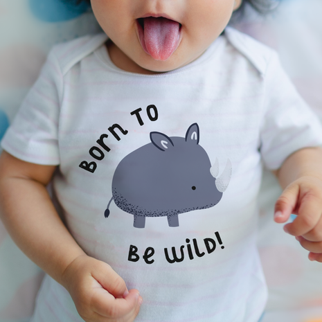 Baby rhinoceros illustration on baby onesie.