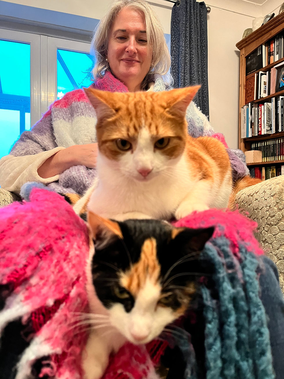 A photo of Claire Platt with two cats on her lap.