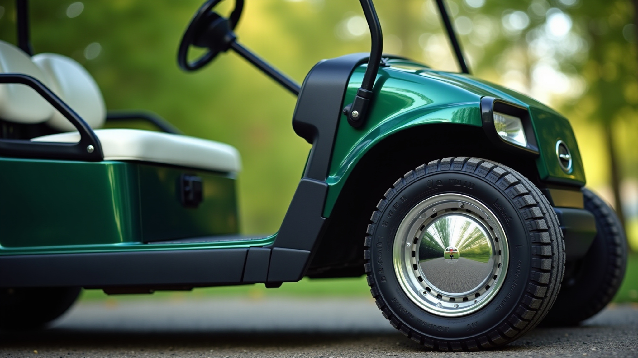 Green golf cart with chrome rims