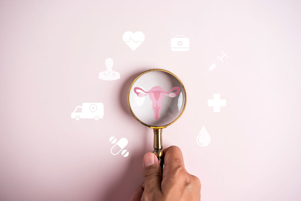 Magnifying glass over a uterus illustration, representing women's hormones and the 28-day menstrual cycle.