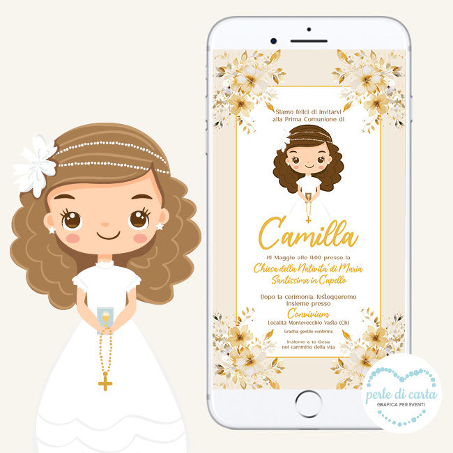 Miniatura: PRIMA COMUNIONE invito digitale whatsapp personalizzato beige bimba per festa comunione o cresima bambina