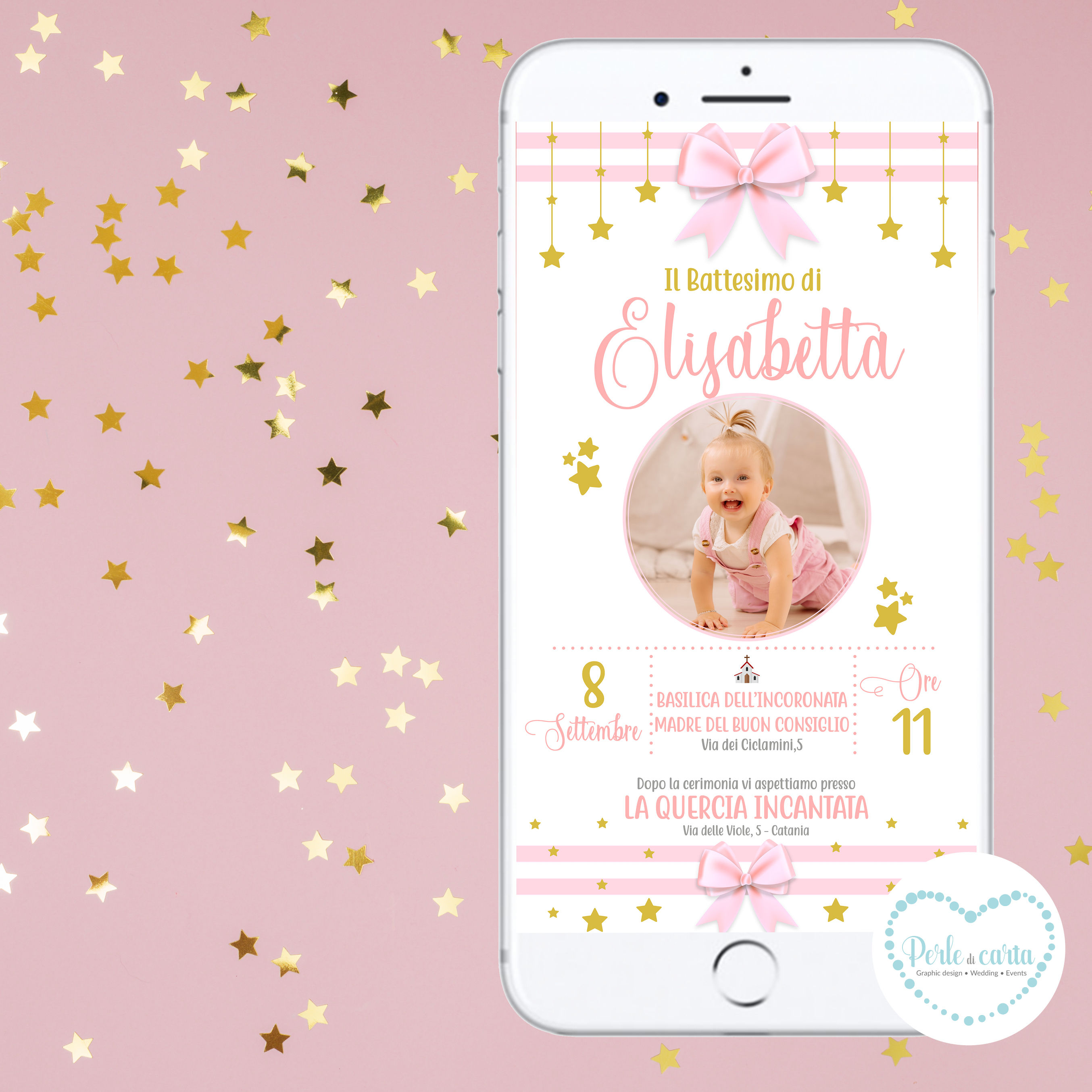 FIOCCHI E STELLE invito digitale battesimo whatsapp personalizzato