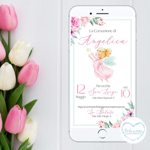 Inviti Prima Comunione - Design Floreale Con Angioletto, 20 Pezzi Con Buste - Foto 11