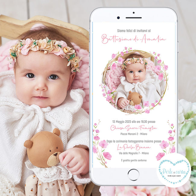 FOTO E FIORI BIMBA invito digitale battesimo whatsapp personalizzato festa bambina