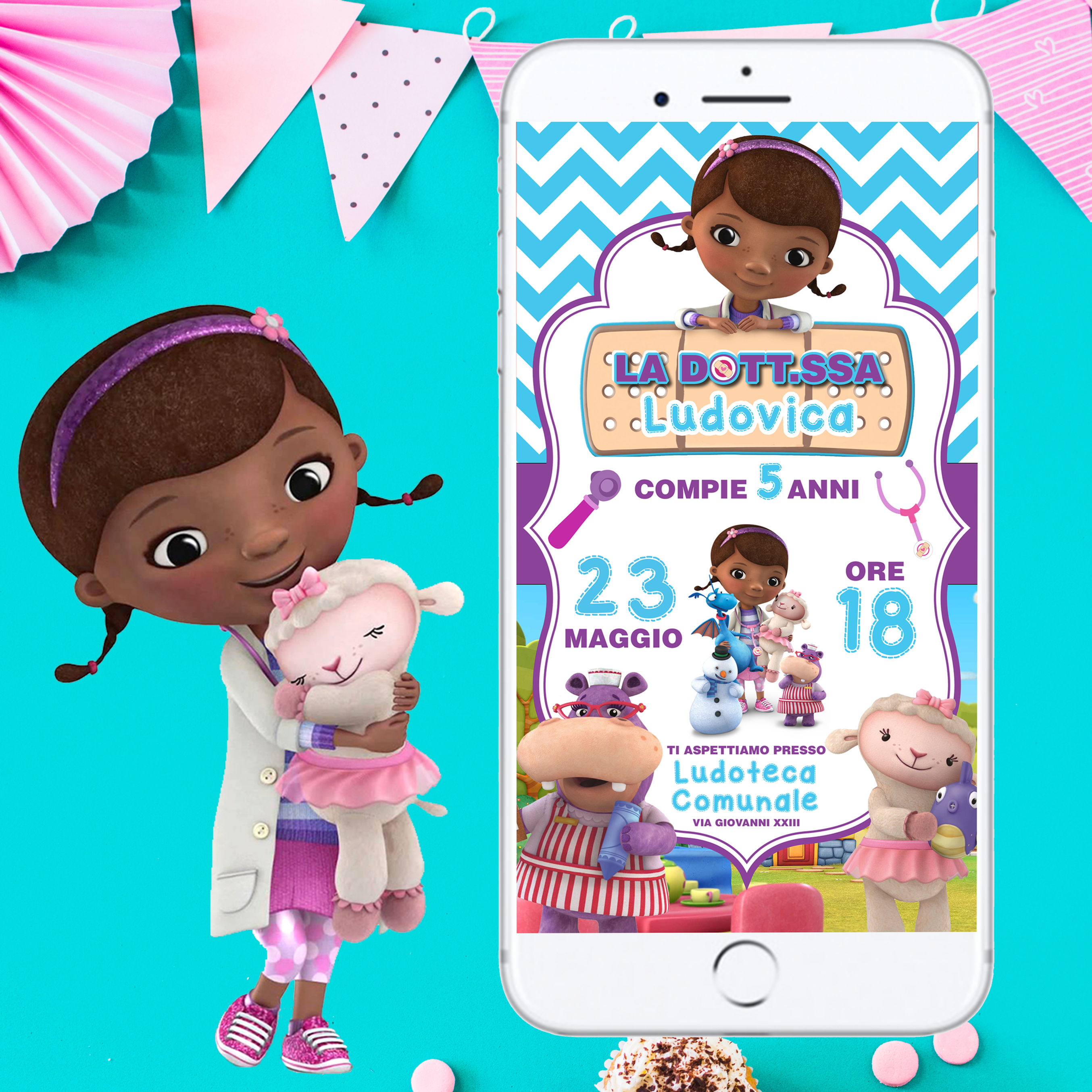 DOTTORESSA PELUCHE DOTTY invito digitale compleanno o battesimo whatsapp personalizzato festa