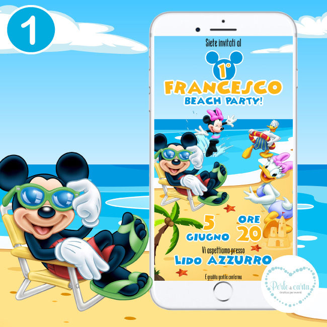 TOPOLINO BEACH PARTY invito digitale compleanno whatsapp estate