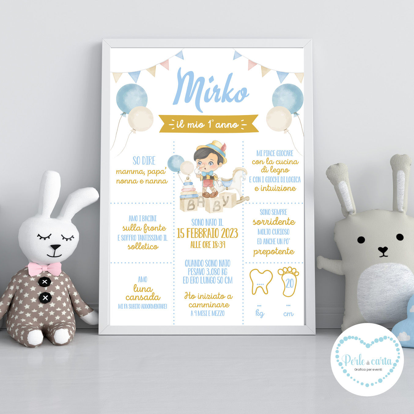 PINOCCHIO VINTAGE lavagnetta primo compleanno personalizzata per festa bambino progressi