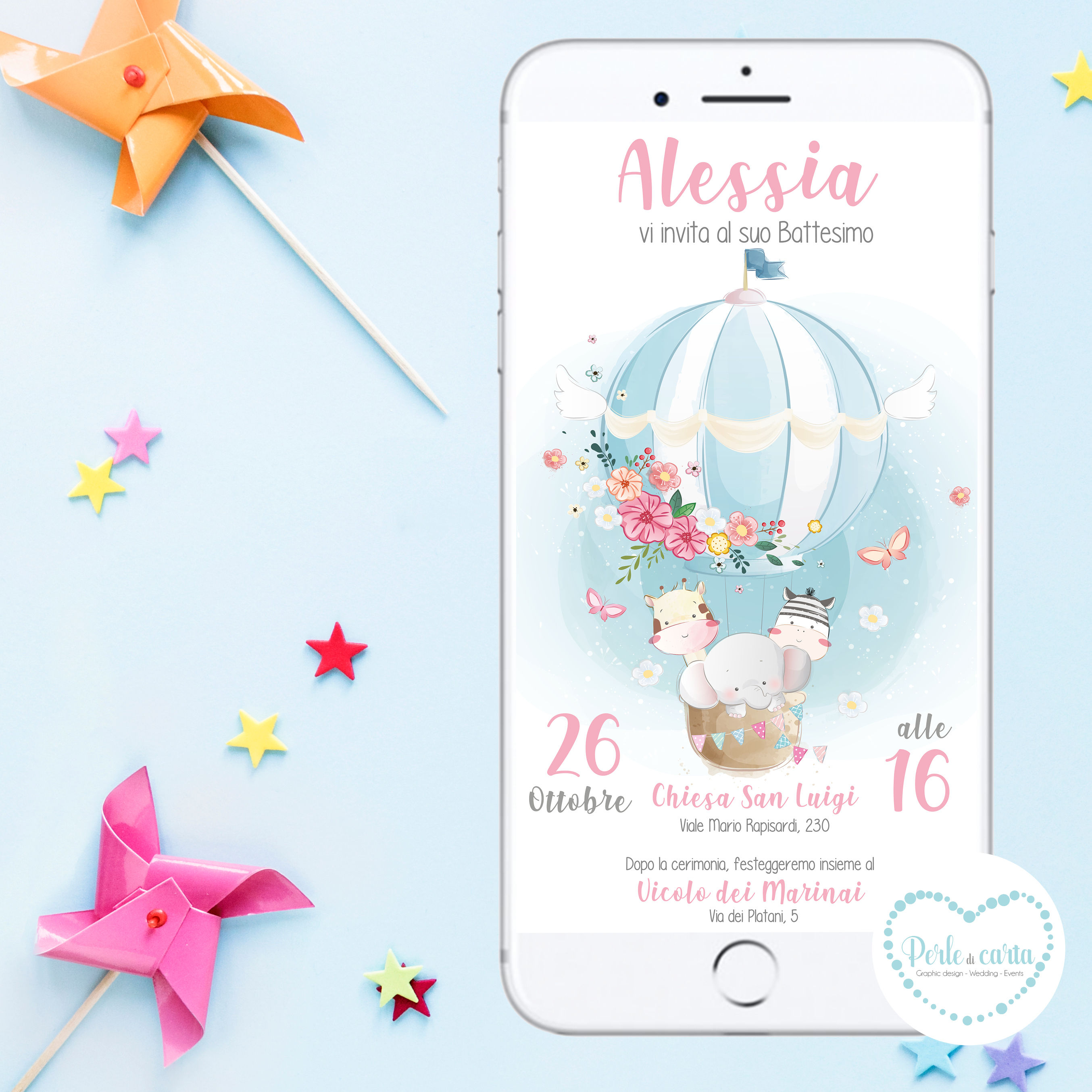 ANIMALI IN MONGOLFIERA battesimo invito digitale whatsapp personalizzato festa