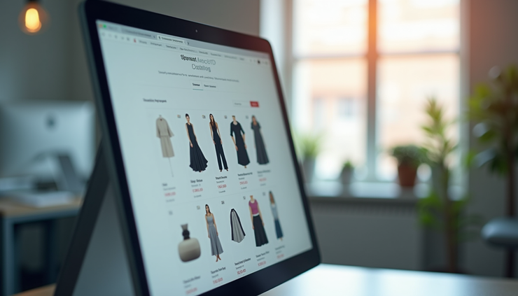 Monitor con tienda de moda en línea, mostrando vestidos y precios; oficina luminosa con ventana al fondo.