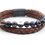 Miniature : plan de face d'un bracelet pour homme en cuir marron tressé et pierres semi précieuses d'Agate noir rubanée avec un fermoir magnétique en acier inoxydable noir.