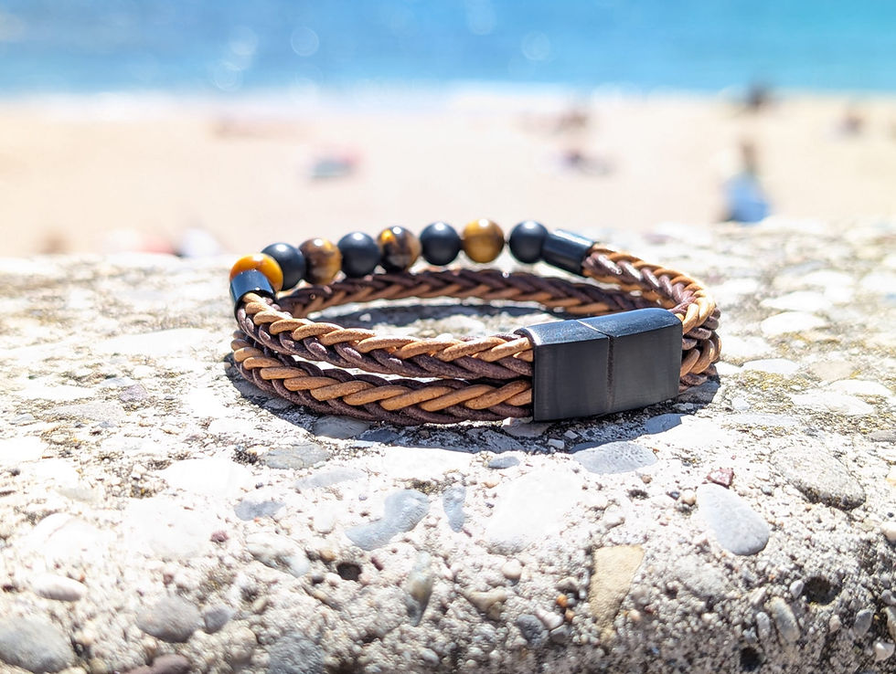 Miniature : vu de dos Bracelet homme cuir bicolore oeil de tigre et onyx