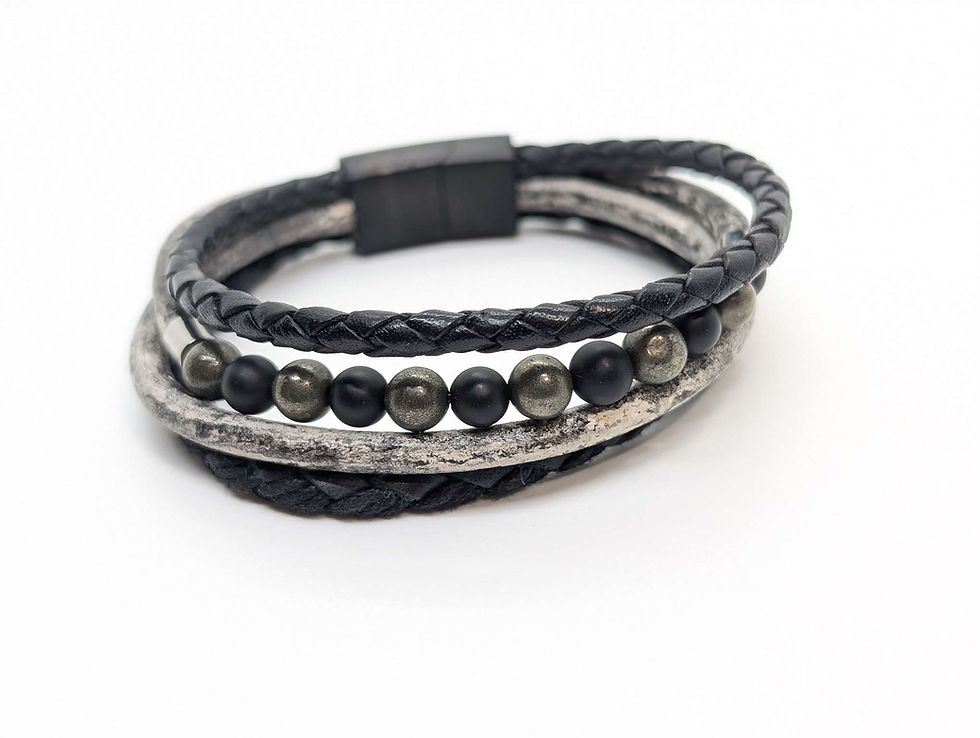 Bracelet Homme Pyrite et Onyx mat multi rangs cuir vu de face