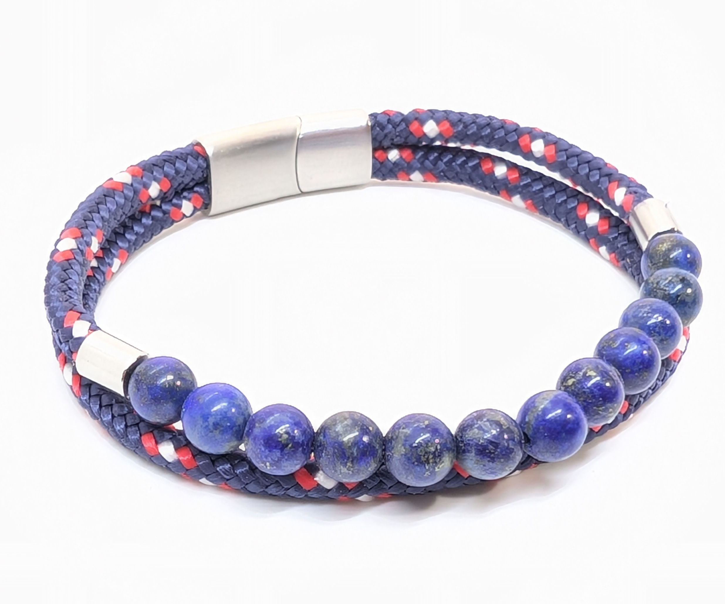 Bracelet Homme Cordage Marin Bleu Blanc Rouge et Lapis Lazuli vu de face