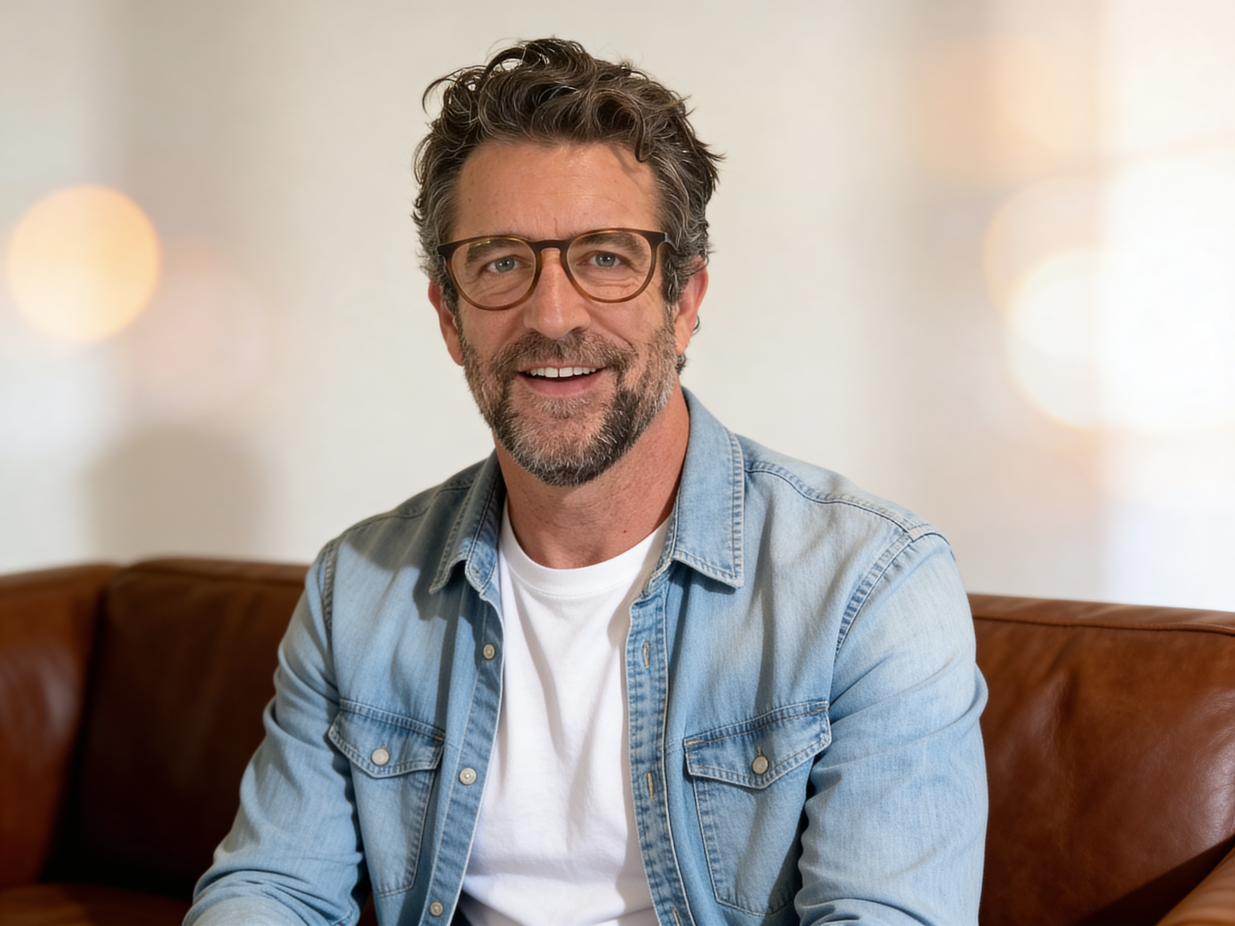 Portrait of a middle-aged counselor smiling warmly on a brown leather couch