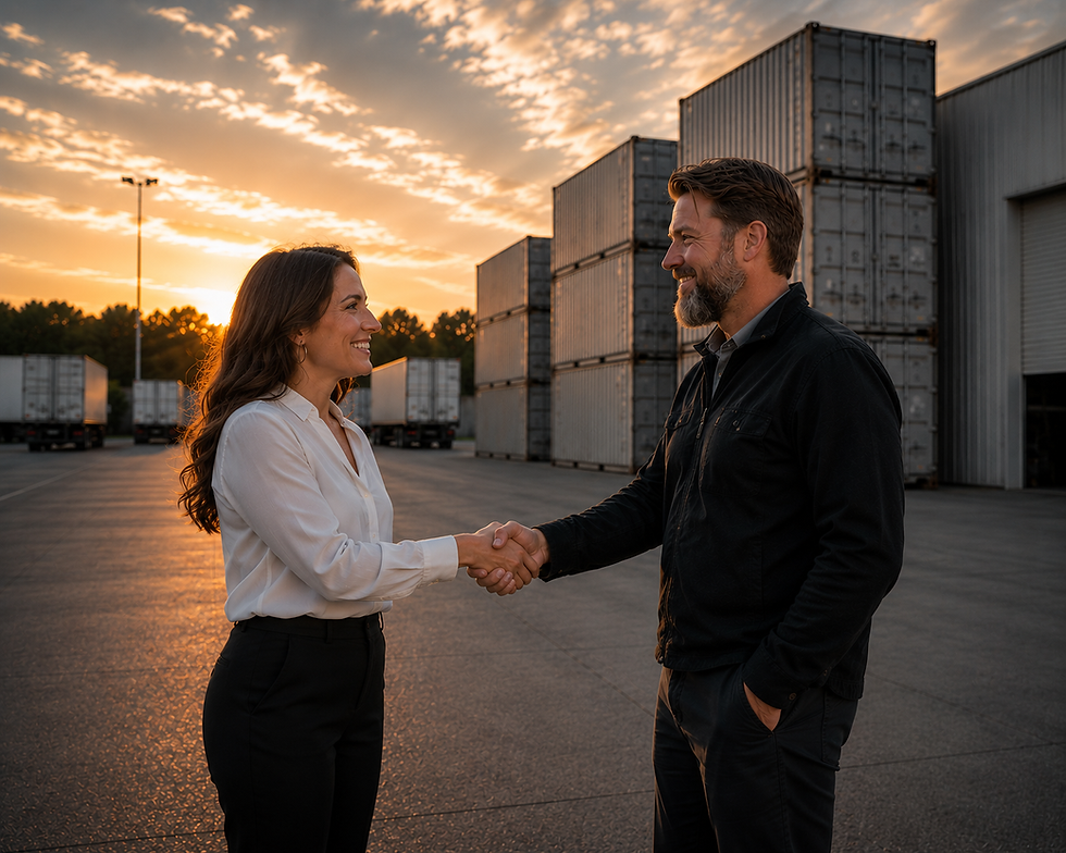 ACT Lease representative shaking hands with a customer at a shipping container storage yard