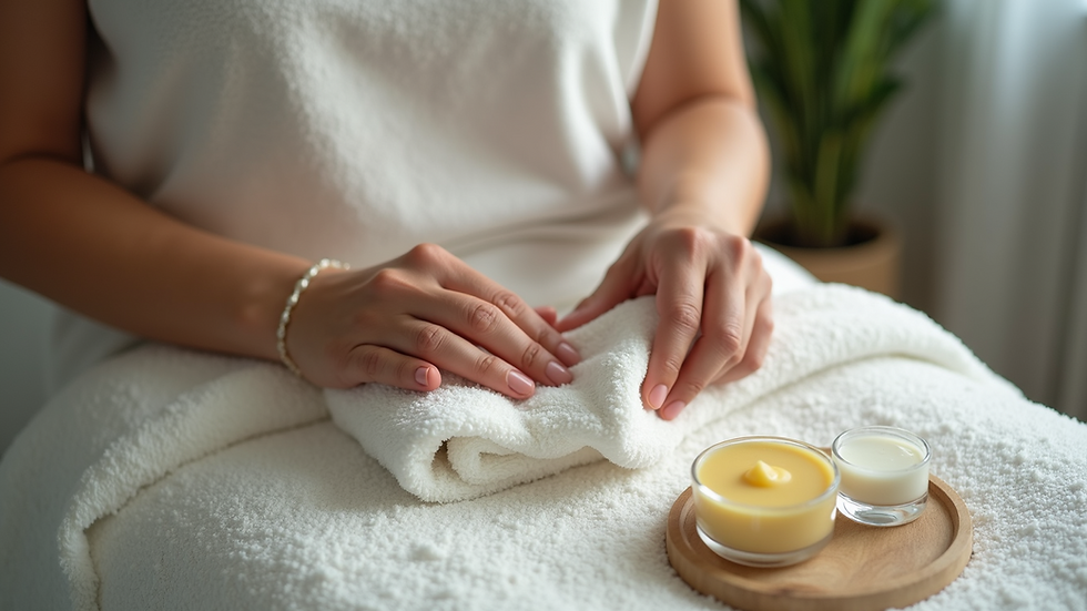 High angle view of a person preparing for a waxing session with a towel and waxing supplies