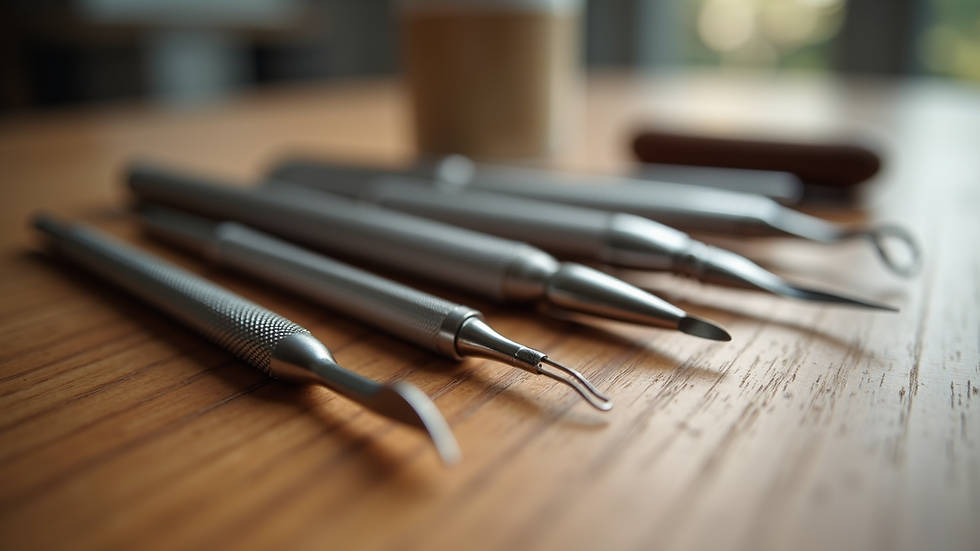 Close-up view of various nail care tools on a wooden surface
