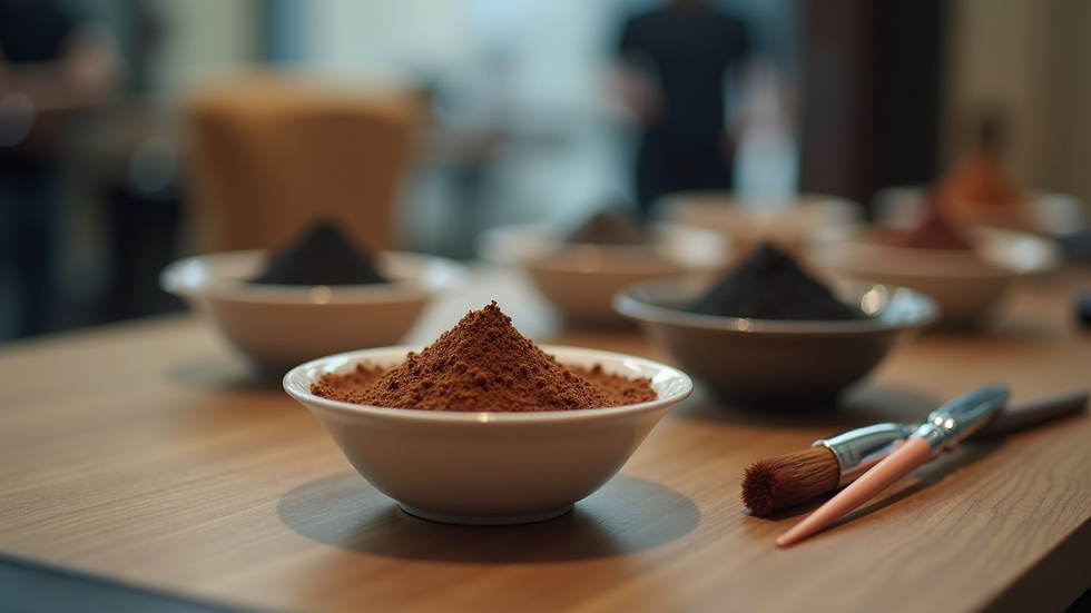 Close-up view of hair dye bowls and brushes on salon table
