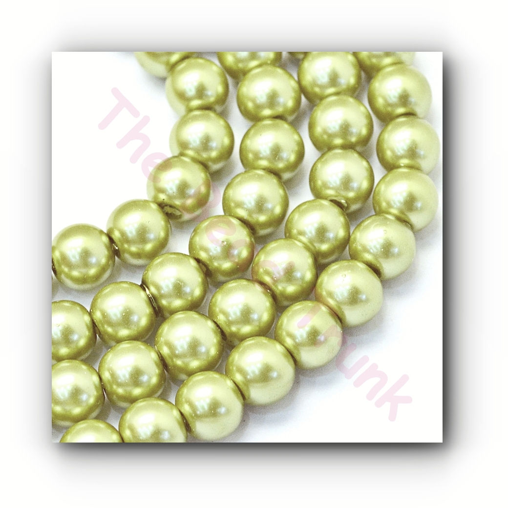 8mm Pale Pear Green Pearl Opaque Baked Painted Glossy Round Glass Beads