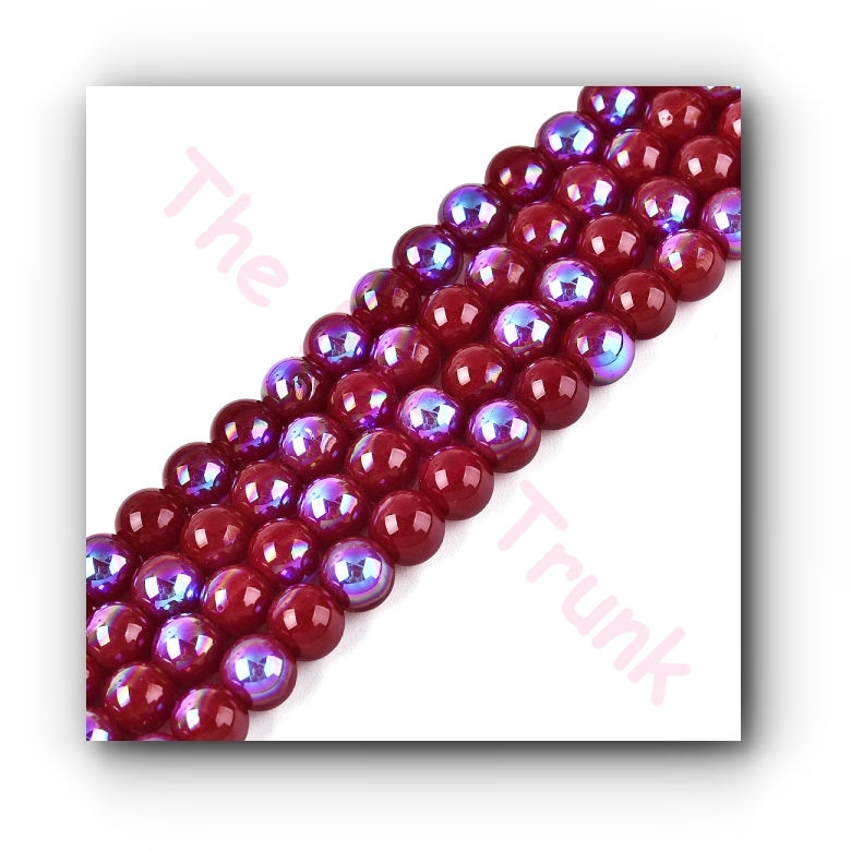 6mm Garnet Red Rainbow AB Plated Opaque Glossy Round Glass Beads