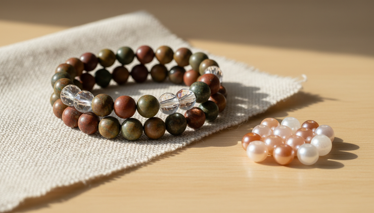 Eye-level view of a bracelet made with natural stone beads beside loose glass beads.