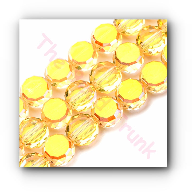 8mm Lemon Chiffon AB Plated Iridescent Faceted Flat Round Glass Beads
