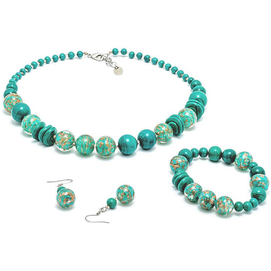 Matching handmade jewelry created from coordinating glass beads.
