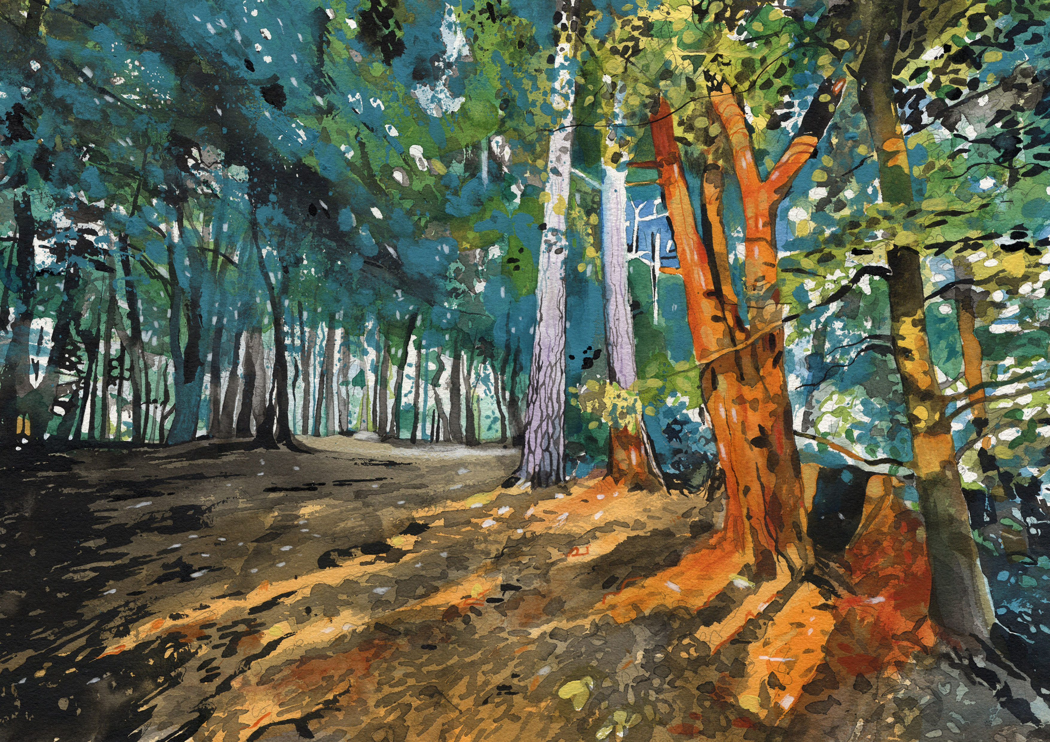 Somerset Print "Red Tree" from an Original Watercolour Painting By Leo