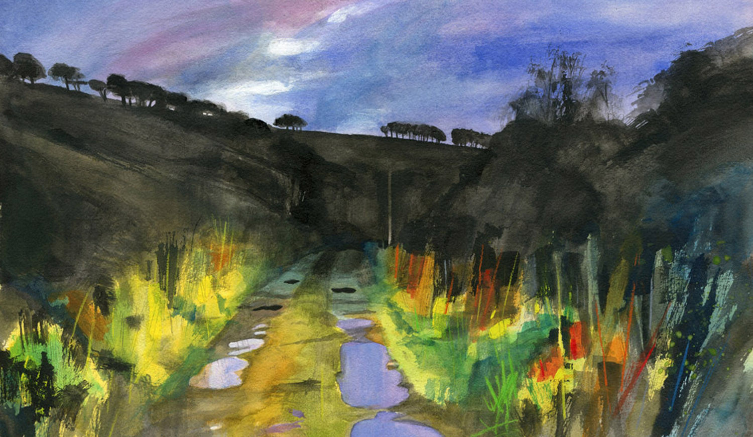 Exmoor Track, By Headlight, Exmoor Original Watercolour Painting