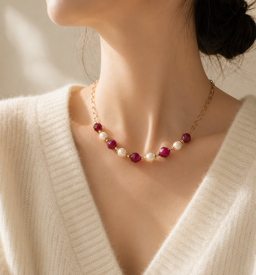 Faceted wine red gemstone necklace with pearls, worn with cream sweater