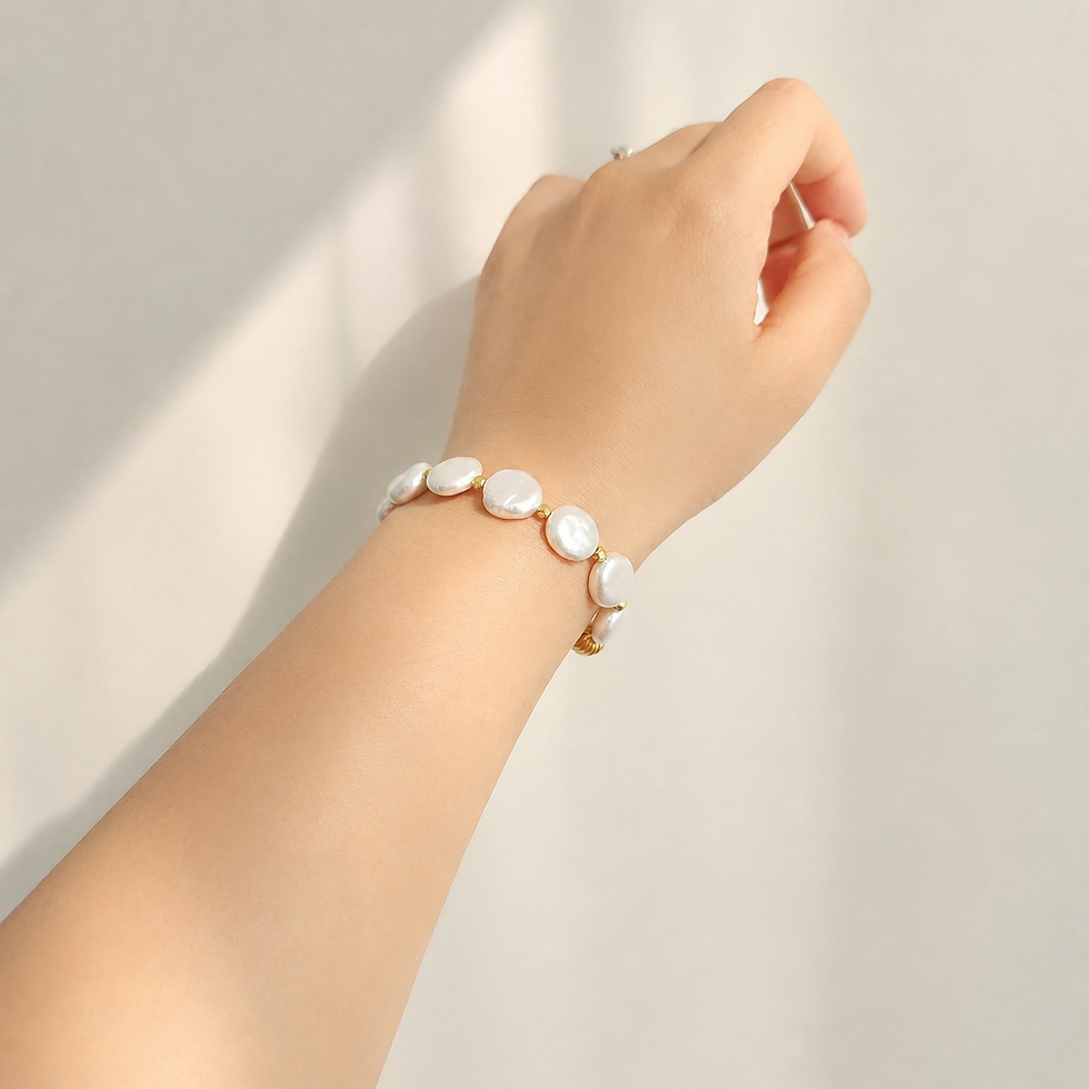 Coin freshwater pearl bracelet worn on wrist, 18K PVD titanium steel jewelry, everyday layering bracelet