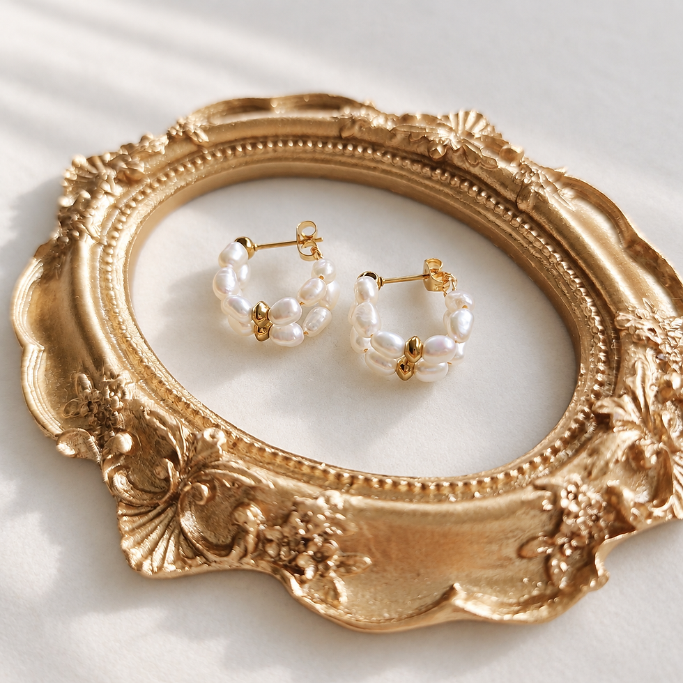 Double Loop Freshwater Pearl Hoop Earrings displayed inside a vintage gold frame