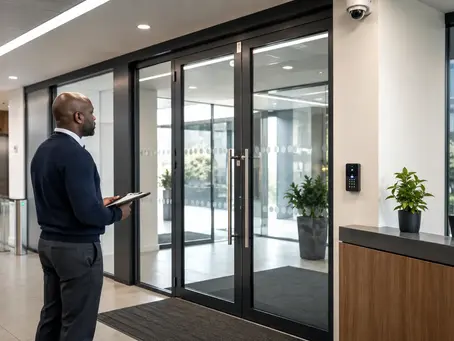 Security consultant reviewing access control in a modern office lobby.