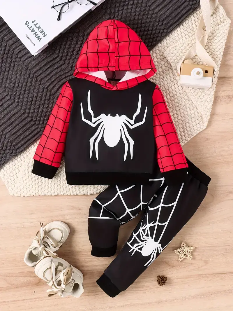 2pcs Boy's cartoon Spider Print Hooded Thin Outfit, Web Pattern size 2-3 years
