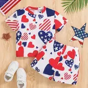 Independence Day Heart Full Graphic Print, 2pcs Boys Casual age 6