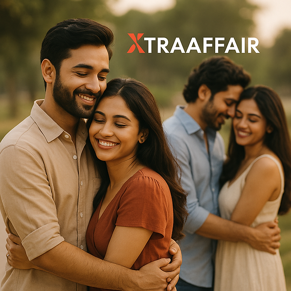 Confident Indian man and woman smiling with city skyline in background, representing adult job opportunities like call boy, g