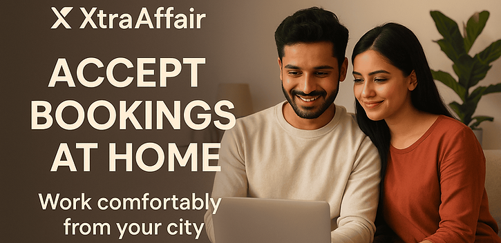 Promotional banner showing an Indian couple at home using a laptop, symbolizing the concept ‘Accept Bookings at Home’ for Pla